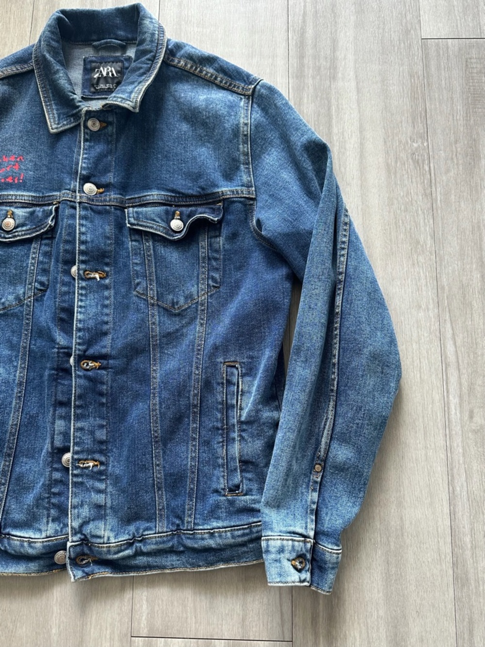 Zara Blue Denim Jacket with Red Heart Graphic and Purple Accent (LARGE) - Picture 13 of 15